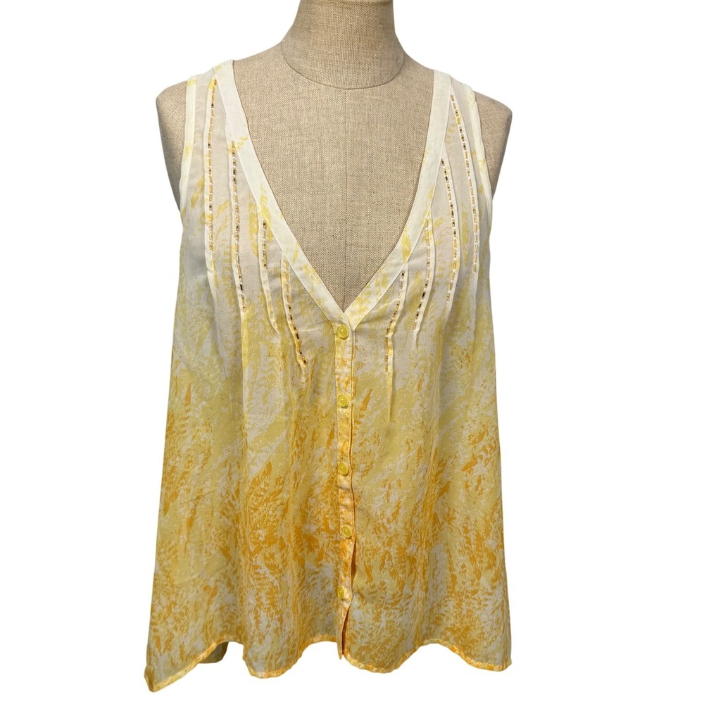 Y2K Mudd Indie Fairy Yellow Ombre Beaded V Neck Button Tank Top‎ Women XL Summer
